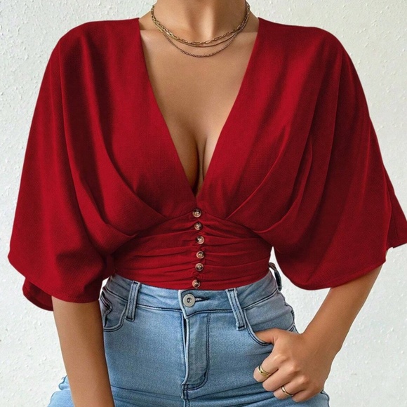 Vibrant Orange Button detail shirred Kimono Sleeve Blouse - Picture 2 of 11